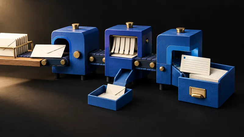 An envelope passes through three connected blue workflow modules and emerges as a record card, with a separate review tray.