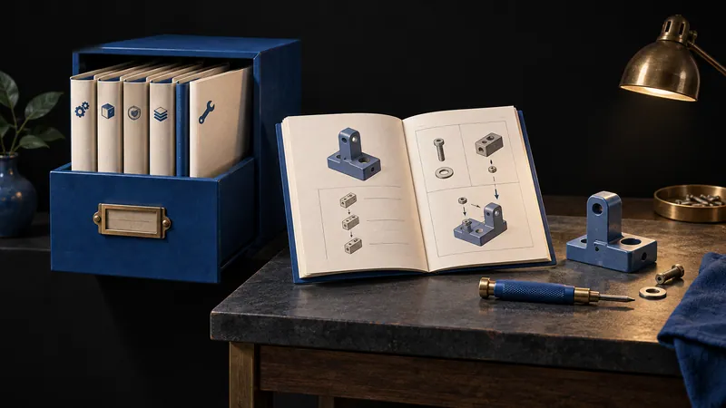An open illustrated procedure booklet and matching tool parts sit beside a cabinet of reusable instruction books.
